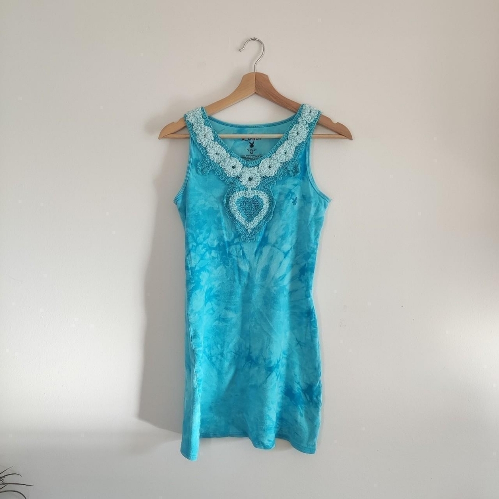 Playboy Blue Tie Dye Mini Dress w Flowers and Crochet Heart